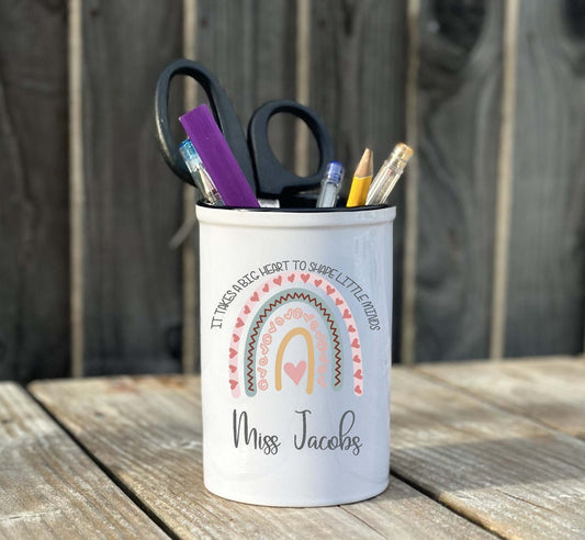 Personalised Teacher Pen Pot: Rainbow Design Ceramic Desk Organizer