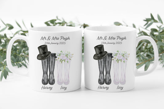 Personalised Wedding Wellies Mug: Mr & Mrs Gift, wedding gift, anniversary gift, couple gift