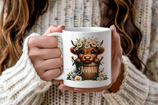 Highland cow, cute Highland cow, boo basket personalised highland cow, gift for her, highland cow designs. Trending new designs, autumn mug
