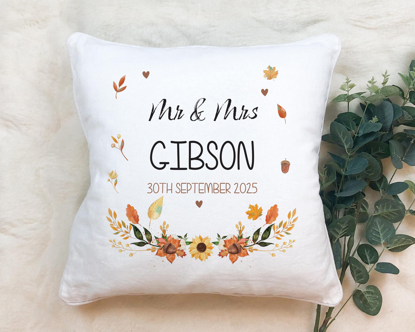 Personalised Wedding Cushion: Autumn Print Mr & Mrs Gift