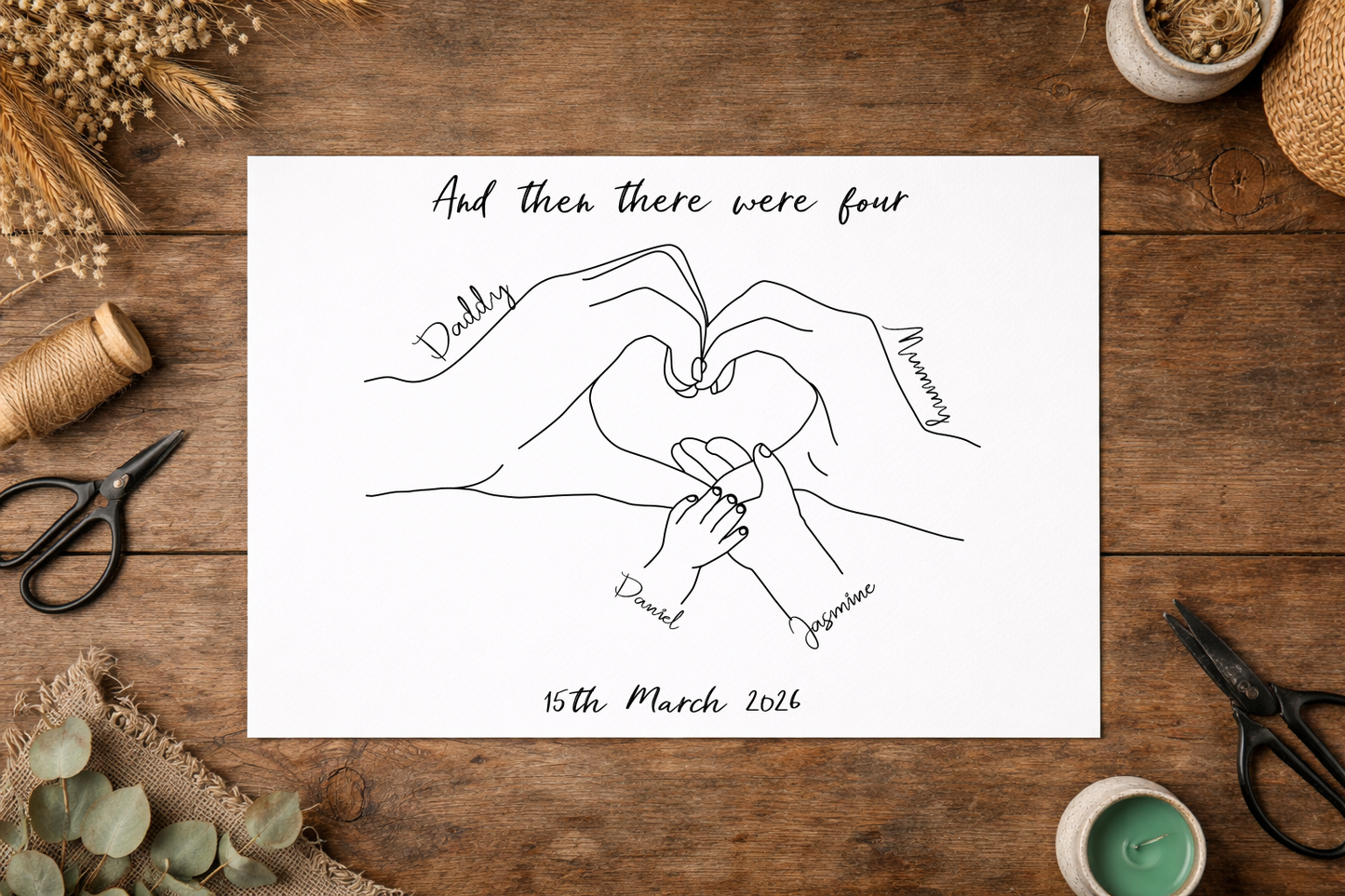 Personalised Family Hands Print, New Baby Keepsake, Family of Four, Minimalist Line Art, wall decor, Family print