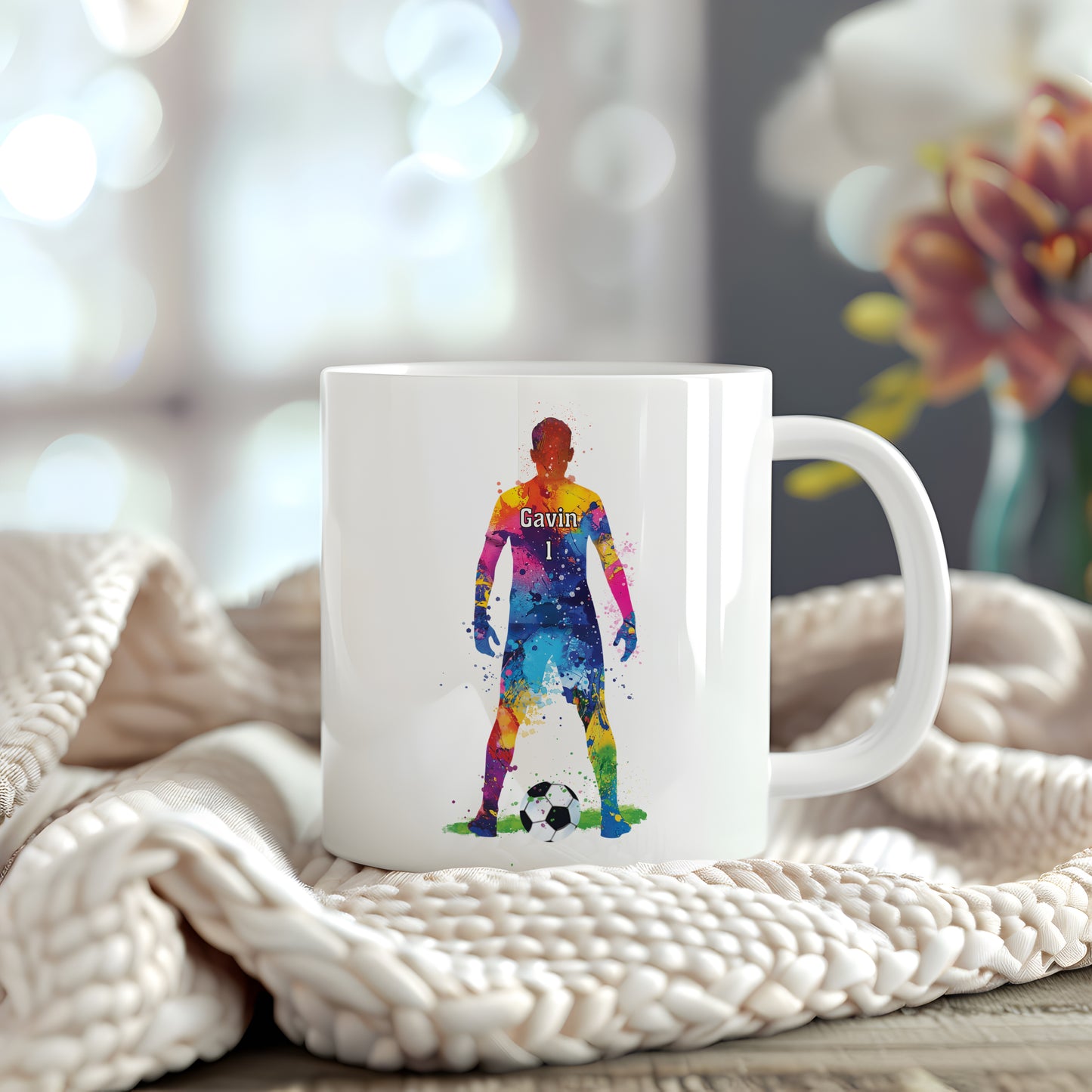 Personalised football gift, male footballer, soccer player, men's football team, watercolour football theme