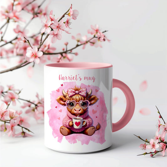 Highland cow valentine's mug, bubblegum cow