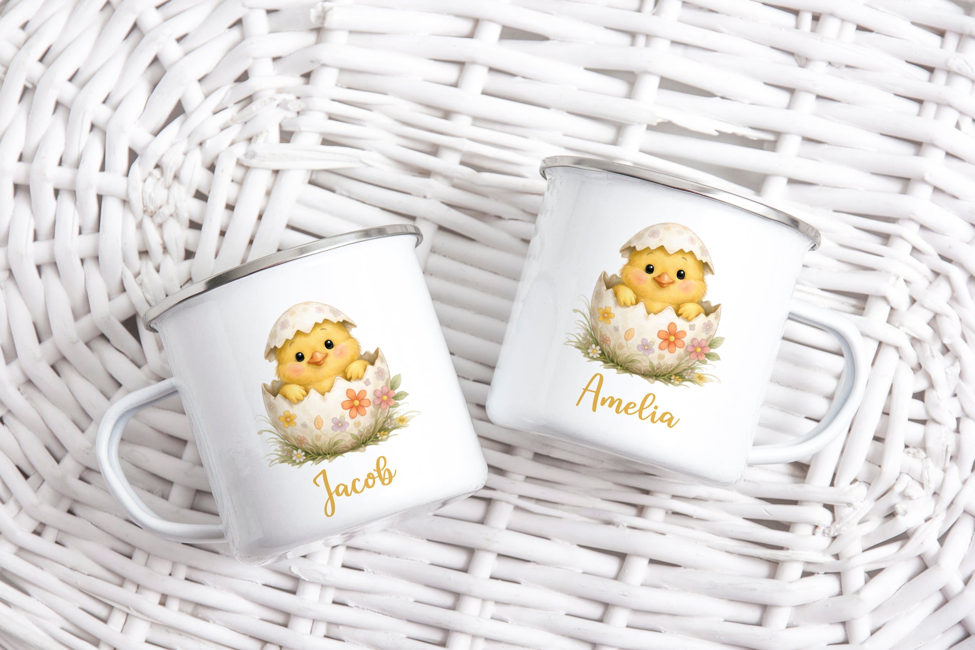 enamel easter mug as alternative to chocloate egg, chick design, baby chick hatching from egg shell, spring design