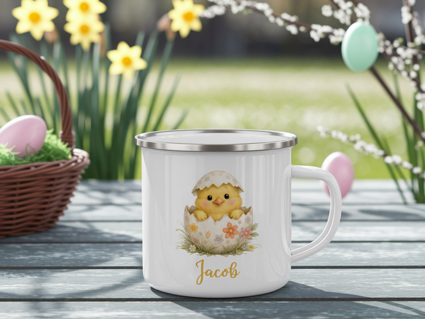Personalized Easter mug, enamel, chick, alternative gift, easter design