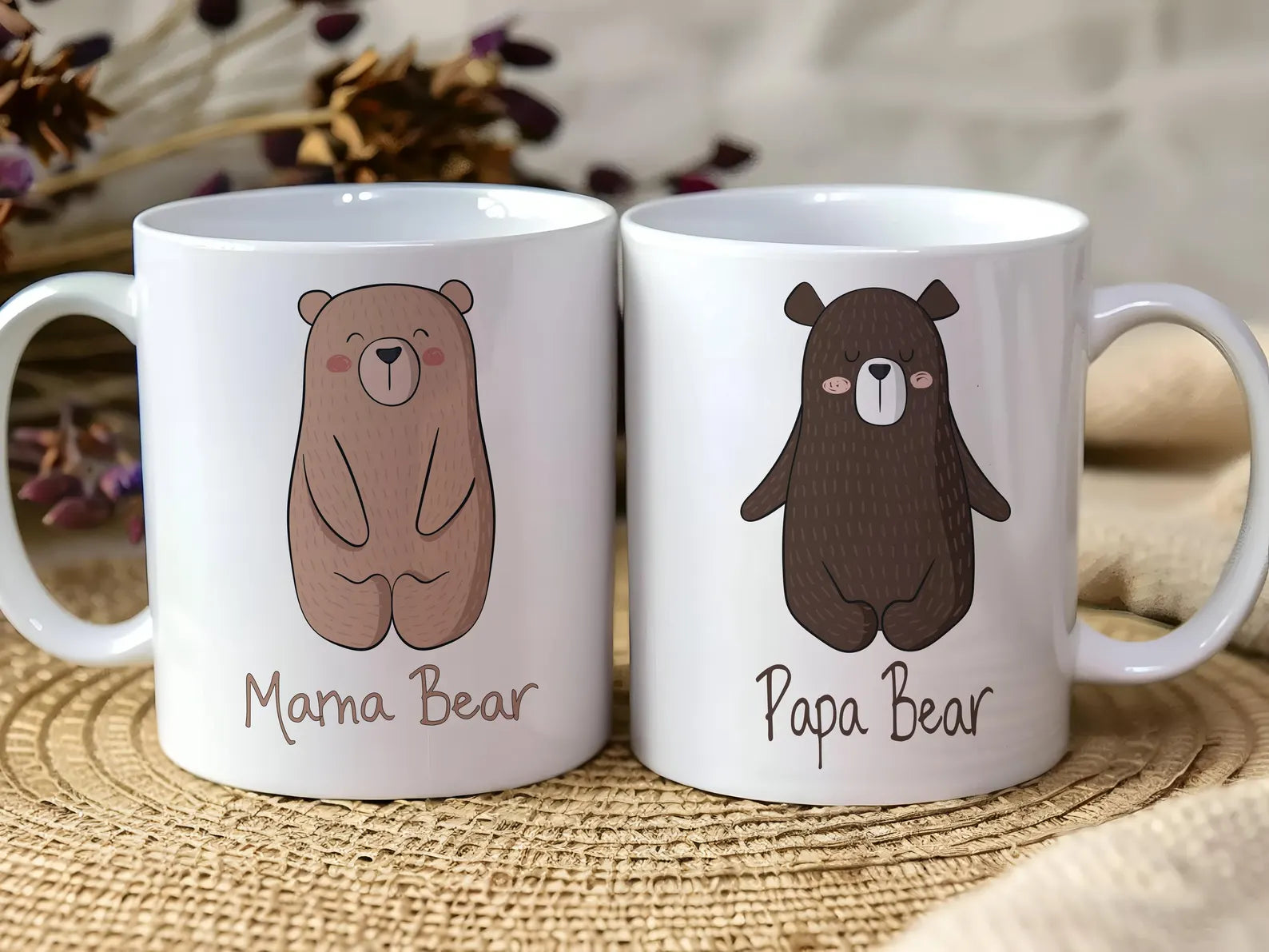 mama bear papa bear printed mugs, gift for new parents. 2 white mugs made by emily jane's creations, 1 printed with mama bear the other printed with papa bear. 