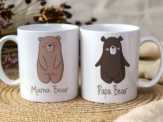 mama bear papa bear printed mugs, gift for new parents. 2 white mugs made by emily jane's creations, 1 printed with mama bear the other printed with papa bear. 
