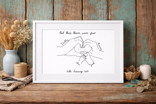 Personalised Family Hands Print, New Baby Keepsake, Family of Four, Minimalist Line Art, wall decor, Family print