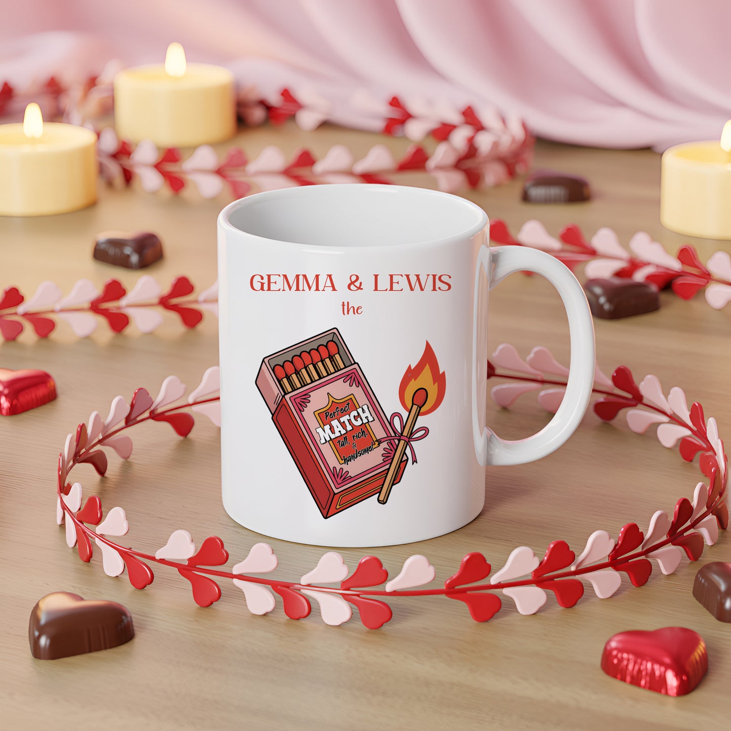 perfect match design on mug. a gift for couples, white printed mug with perfect match and couples names personalised