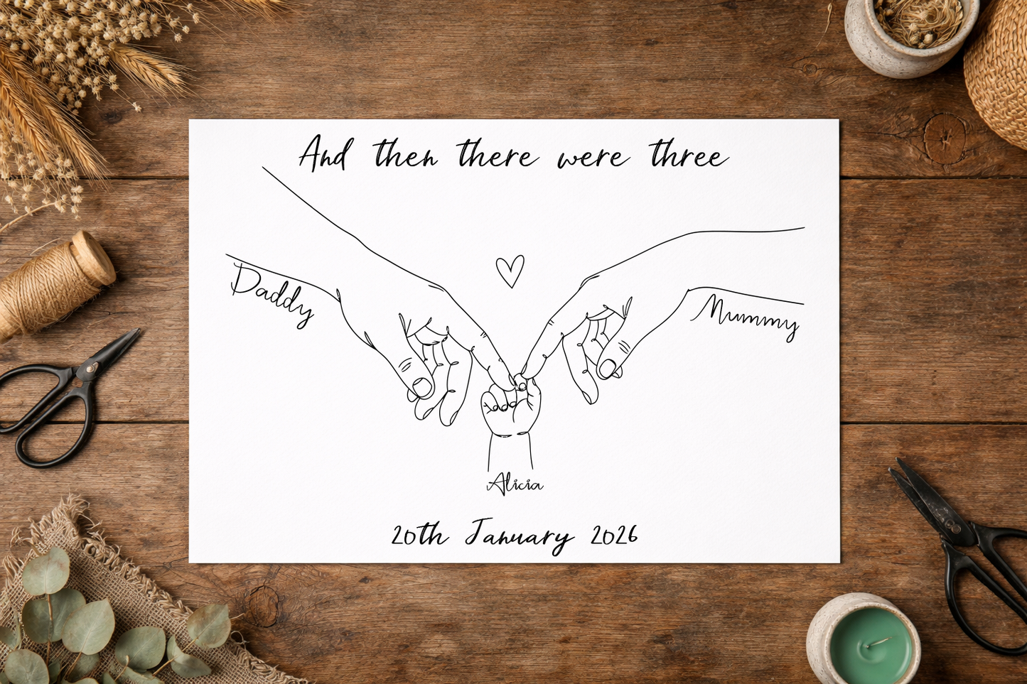 Personalised Family Hands Print, New Baby Keepsake, First time Parents Gift, Minimalist Line Art, wall decor, Family print