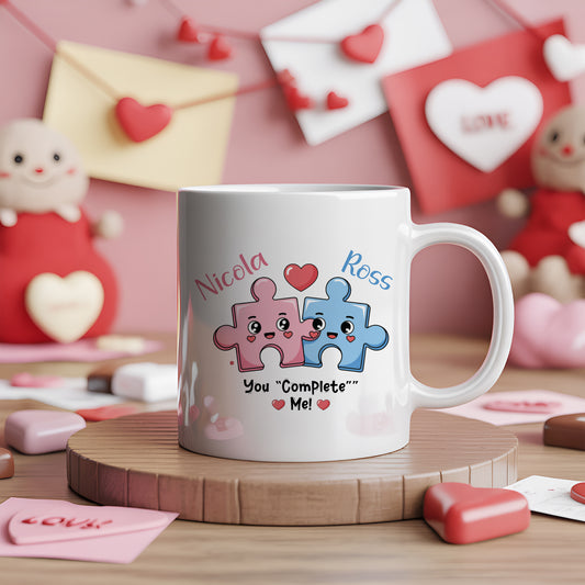 white mug with quote you complete me in jigsaw style pieces, a great gift for couples, weddings, love, missing piece